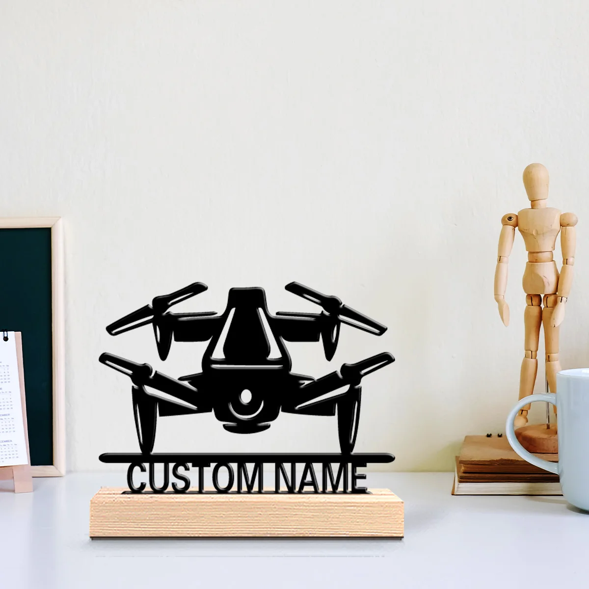1pc Fashion drone Customizable Name Metal Statue Iron Ornament Art Figurine With Wood Base With Wood Base For Home Desk Decor