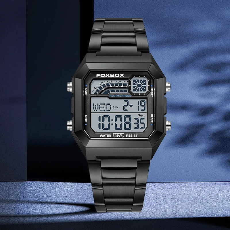 FOXBOX Fashion Digital Man Watch Stainless Steel Casual Sports ChronographAuto Date Waterproof Luminous Electronic Watches Male
