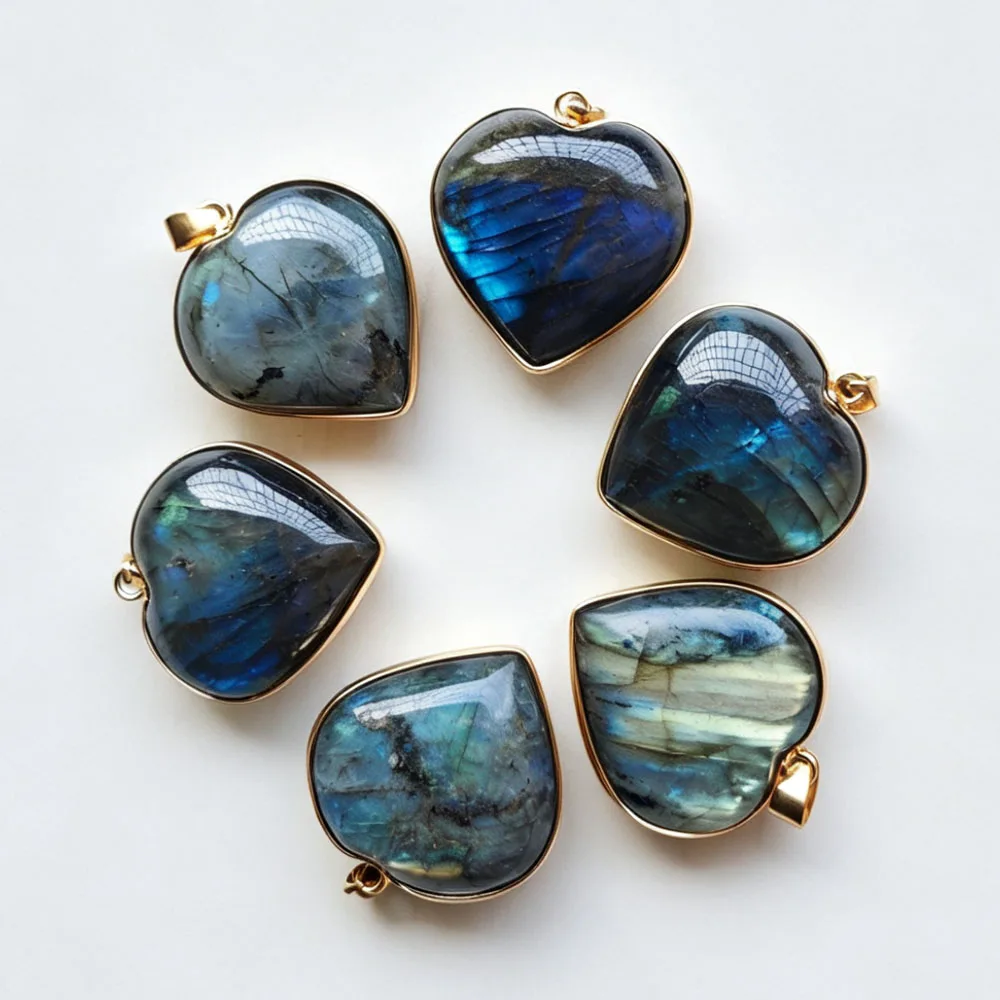 6pcs Natural Labradorite Stone Gold Color Side Flash Hearts Pendants Diy Jewelry Accessories Making Wholesale Free Shipping