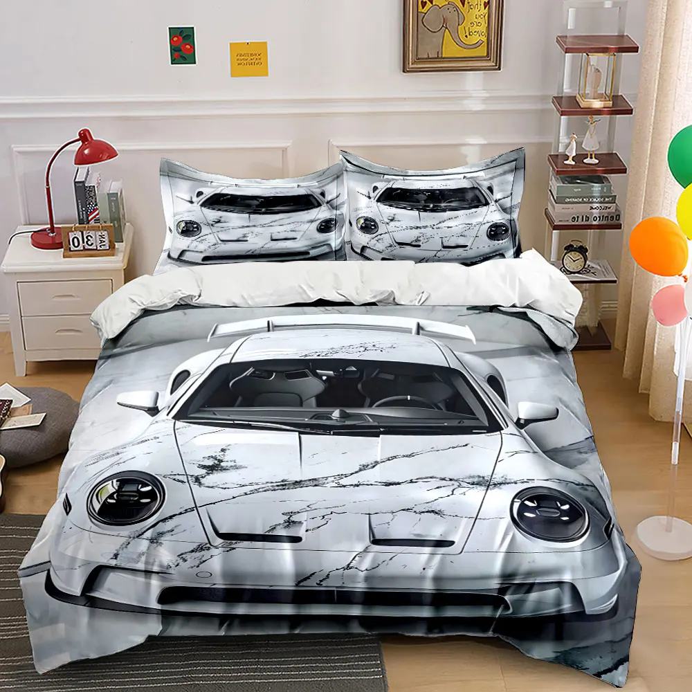 White marble-patterned sports car design Printed Duvet Cover Set 1 Duvet Cover+2 Pillowcase Multi Size Bedroom Bedding Decor