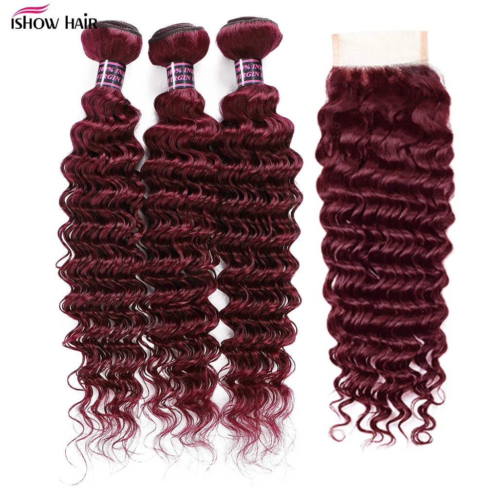 Deep Wave Curly Bundle 99J Burgundy Human Hair Bundles with Closure Curly 100% Human Hair Extenstion 4x4 Lace Brazilian Red Wine