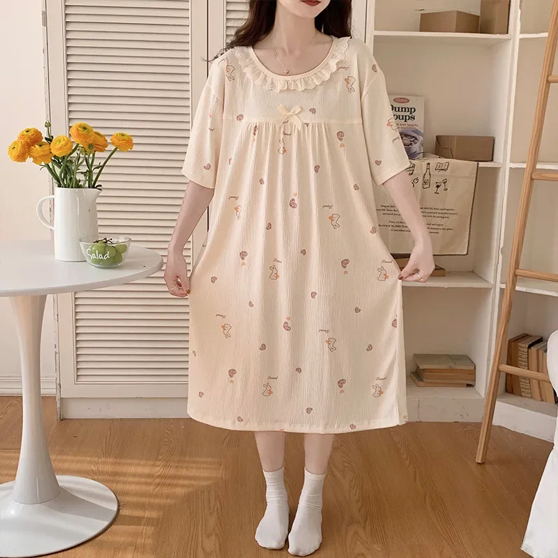 Plus Size Pajamas Women's Soft Wrinkled Cloth Loose Midi Dress Summer Short Sleeved Lace Fattened Nightgown Comfy Home Clothes