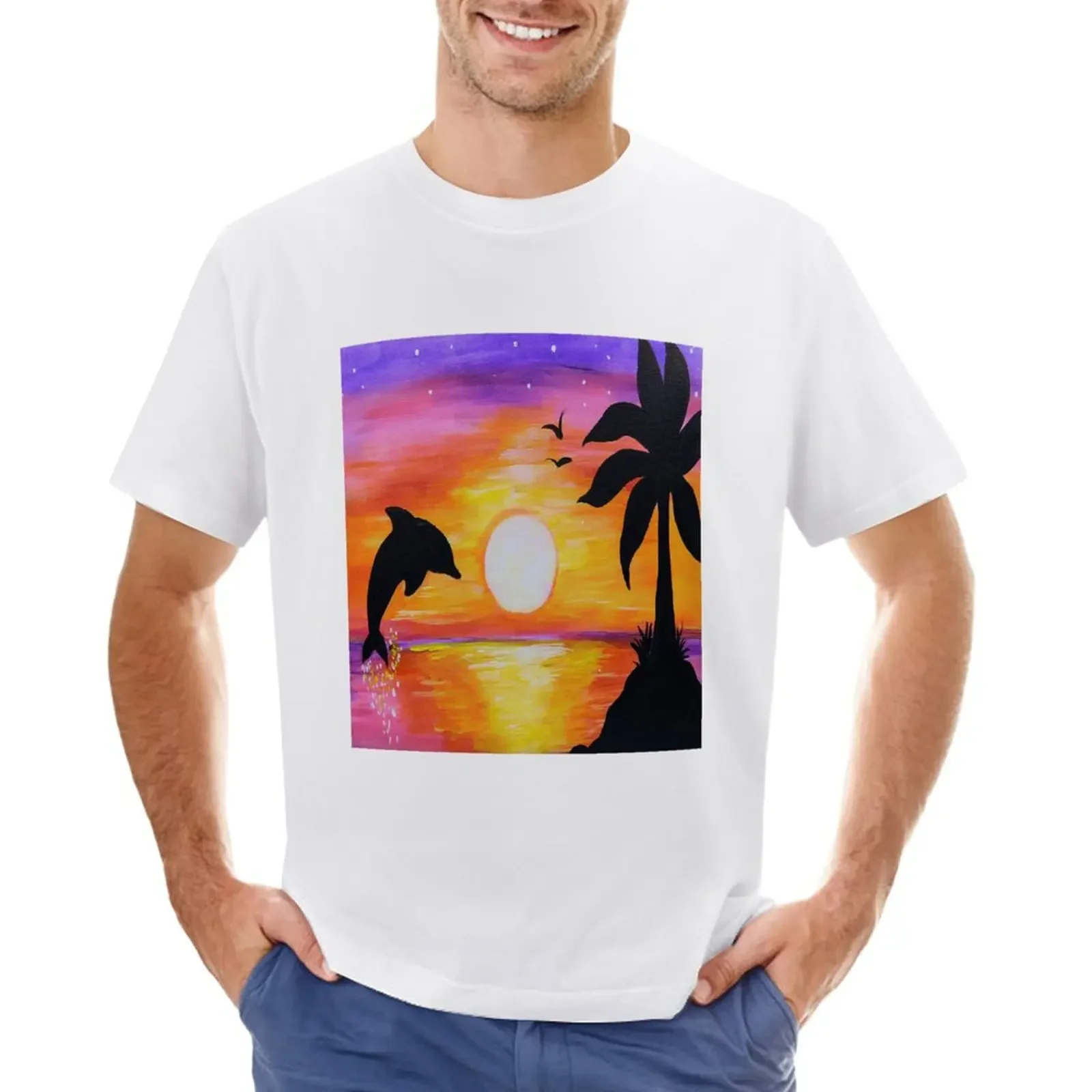 Painted dolphin in the sunset T-Shirt blacks vintage anime clothes mens plain t shirts