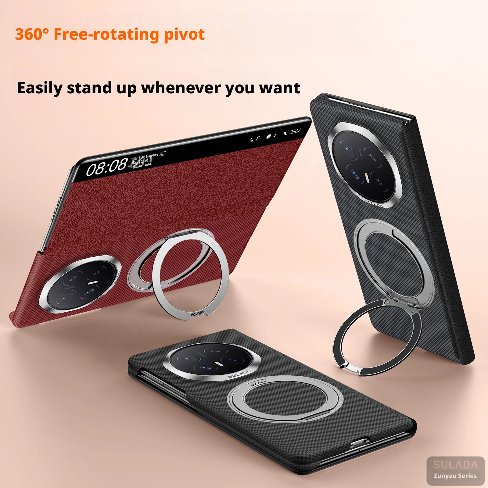 Premium Kevlar Grain Genuine Leather Case For Huawei Mate X7 X6 X5 Smart Window Magnetic Rotating Stand Lens Protection Cover