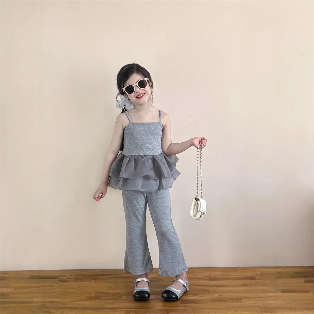 

Girls Suit 2025 Summer New Childrens Clothing Korean Style Girls Baby Splicing Mesh Halter Vest Flare Pants Two-piece Set
