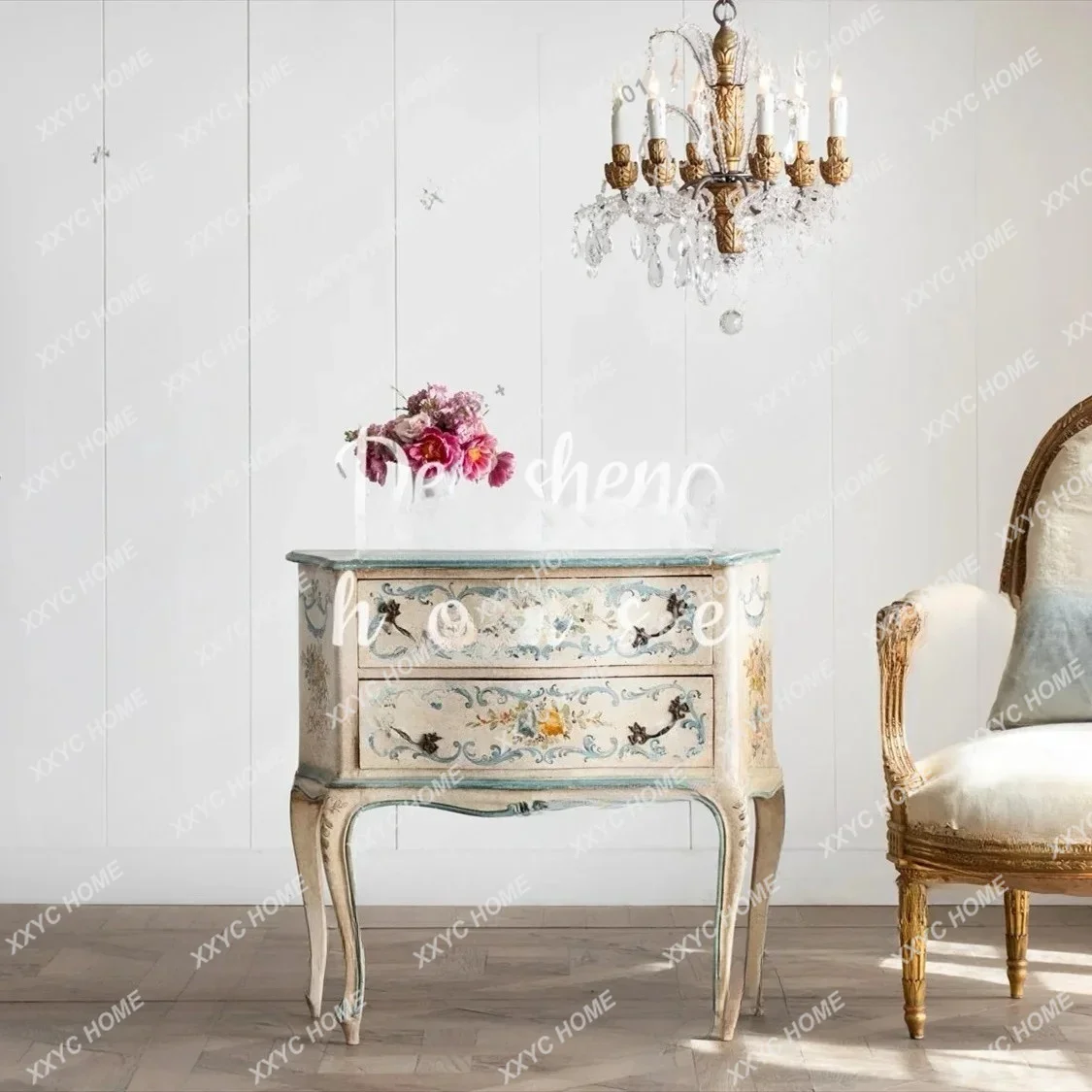 L retro old solid wood chest cabinet  hand-painted pattern decorative locker