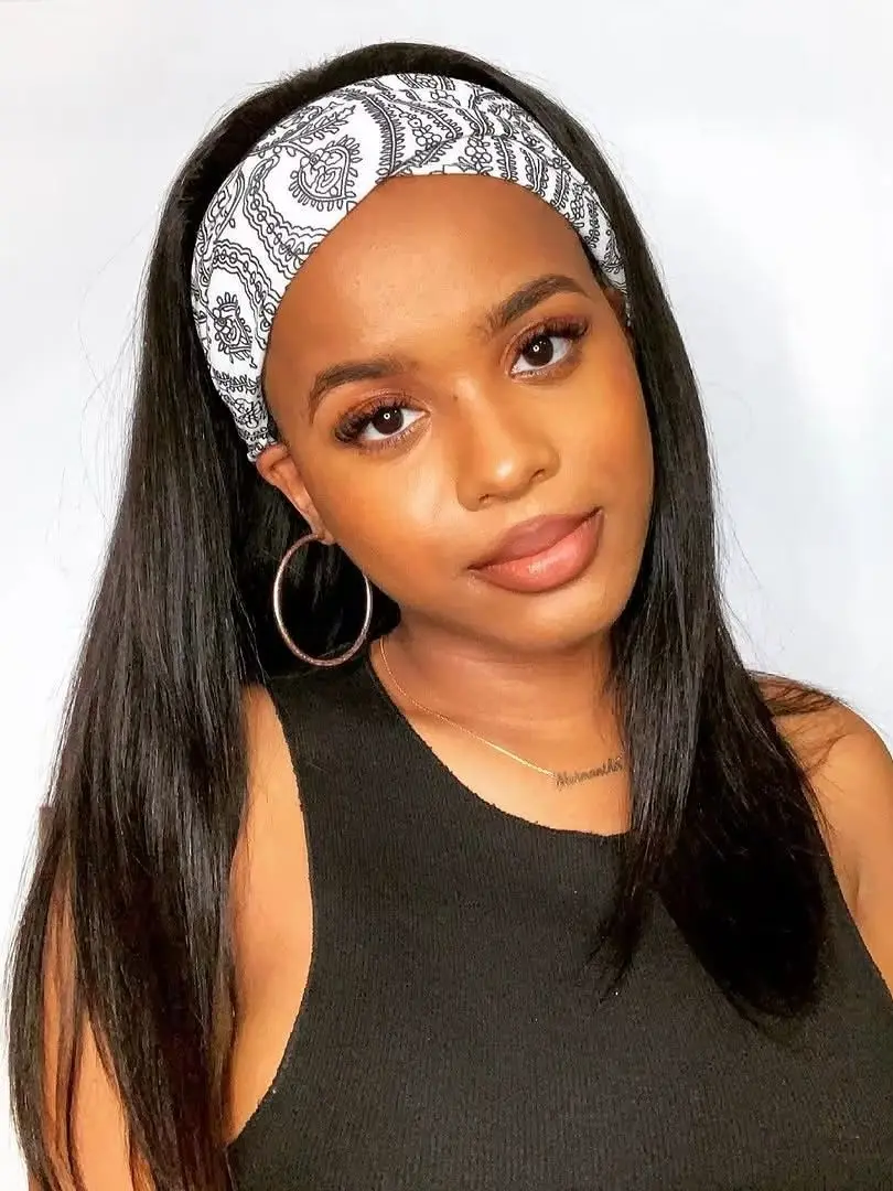 Straight Headband Wig Human Hair, No Lace No Glue Easy Wear Breathable Elastic headband Wigs Beginner Friendly Headband Wigs