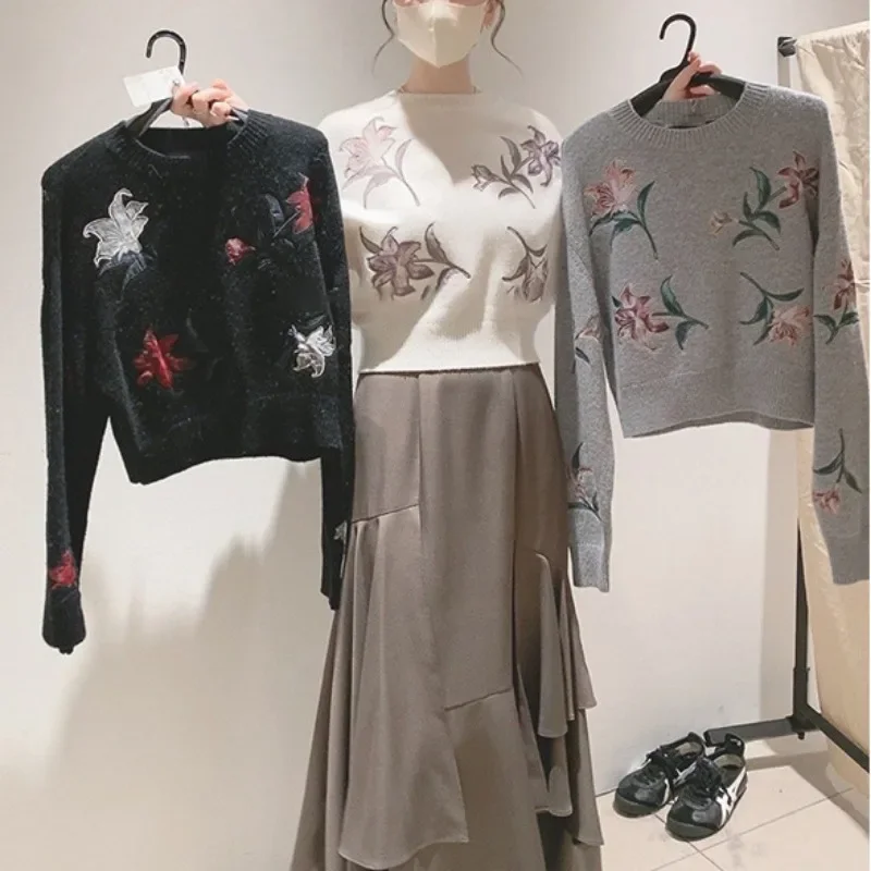 

Japan Style Flower Embroidery O Neck Sweater Women Long Sleeves Tops Knitted Shirts 2024 Autumn Winter Pullover Vintage