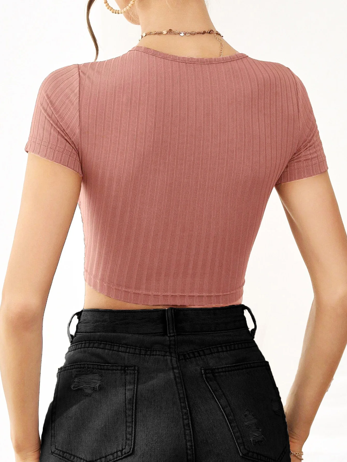 Women's Plain Wrapped V Neck Crop Tee, Casual Tight-fitting Short Sleeve T-shirt for Summer, Women's Clothing for Daily Wear, Pl