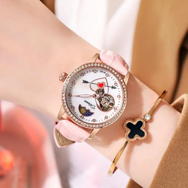 Women's Mechanical Watch with Diamond Tourbillon Moon Phase Waterproof Luminous Women's Watch Casual Automatic Sports Watch