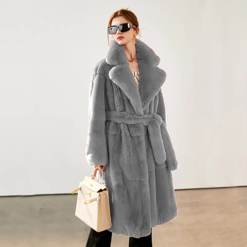 2023 New Season New Warm Big Polo Collar Waist Fur Women's Long Coat Plush Fashion Casual Comfortable Coat Women's Clothing