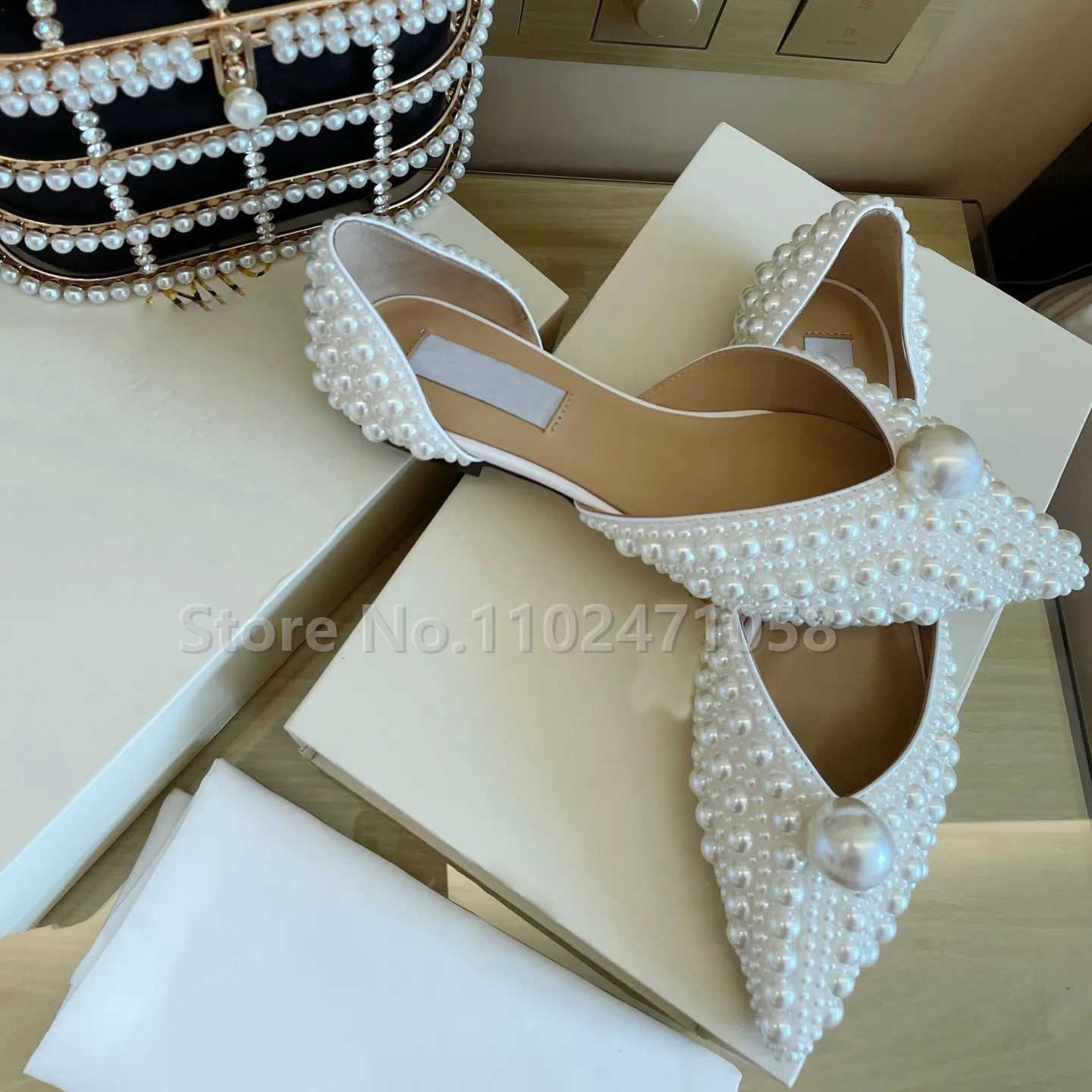 Zapatos de tacón de punta estrecha de perlas de lujo para mujer, zapatos planos sin cordones, decoración de cristal ostentoso, pasarela, boda, novia, moda