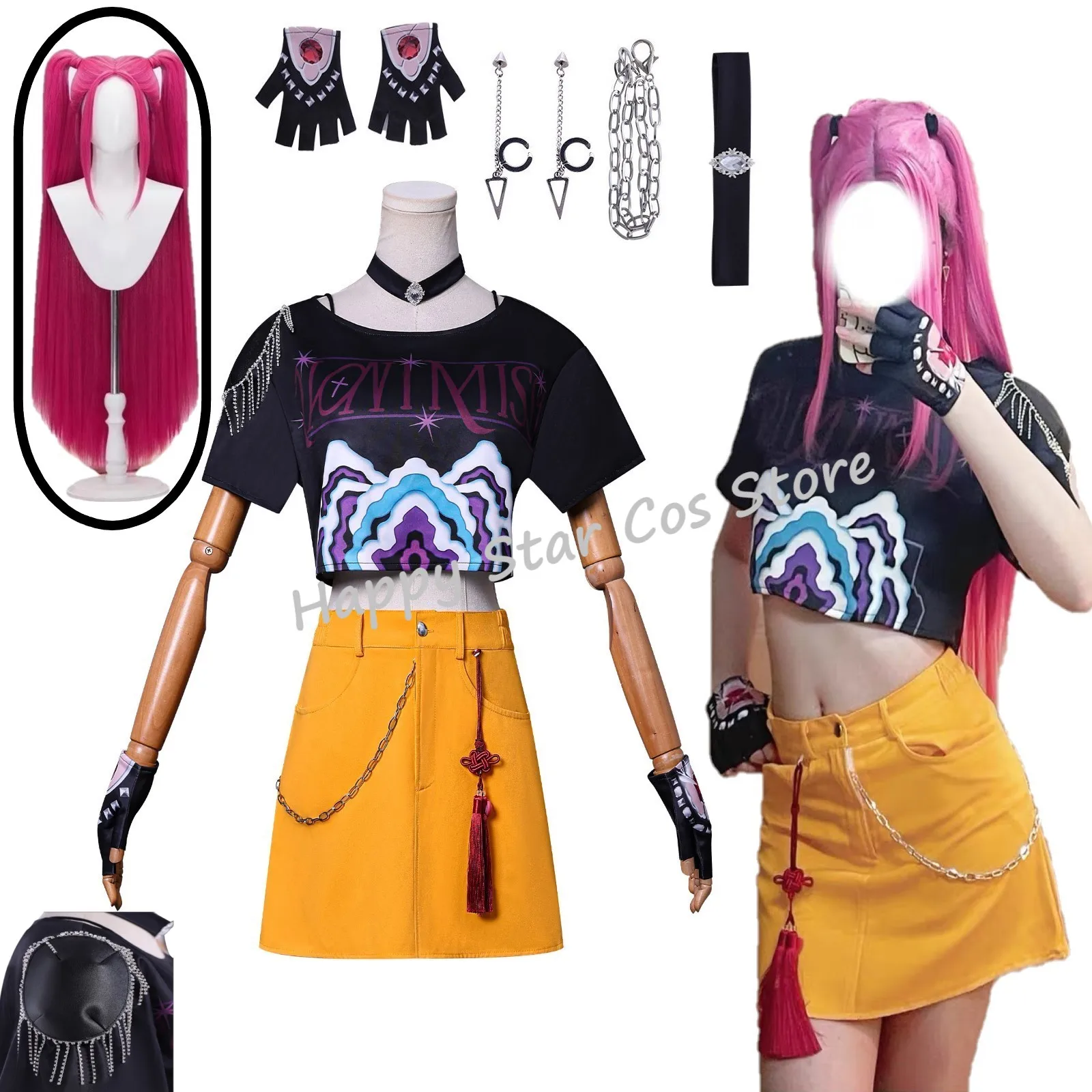 

In Stock Anime KPop Mira Cosplay Costume red Wig Top Skirt Earrings Huntrix Uniform Halloween Party for Women Girls Carnival
