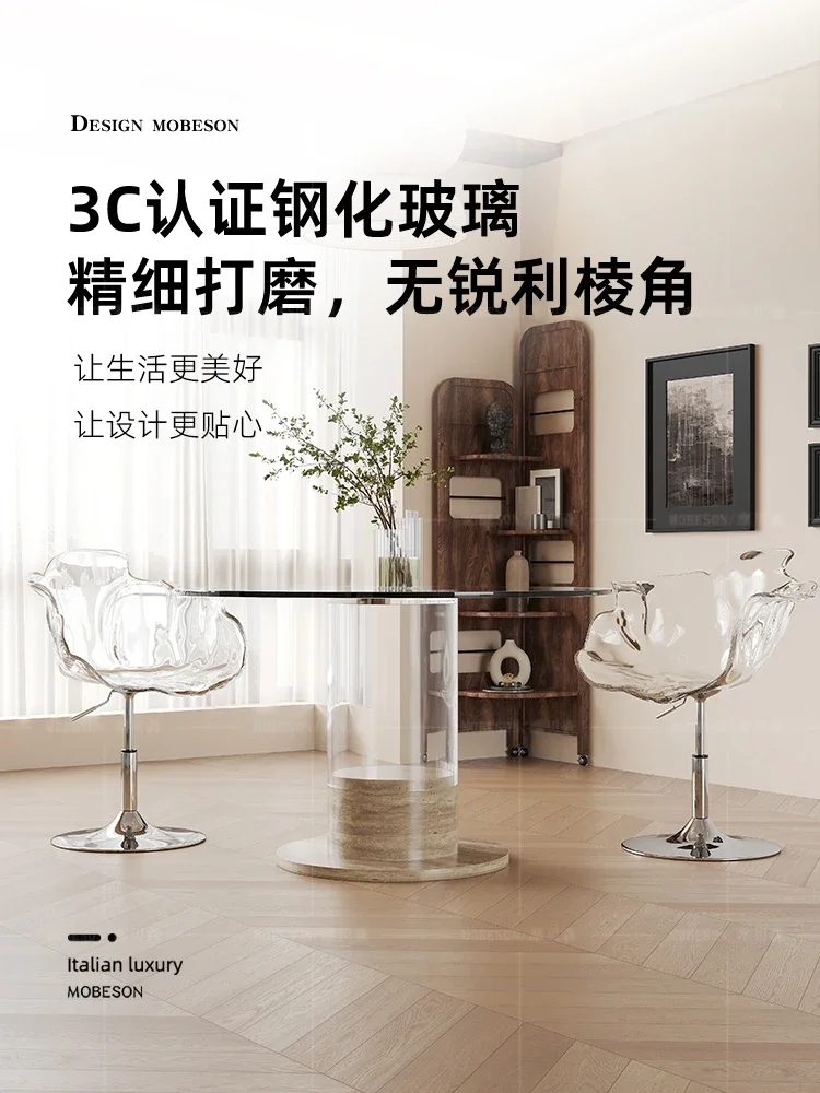 Advanced transparent glass dining table and chair combination household small apartment round acrylic
