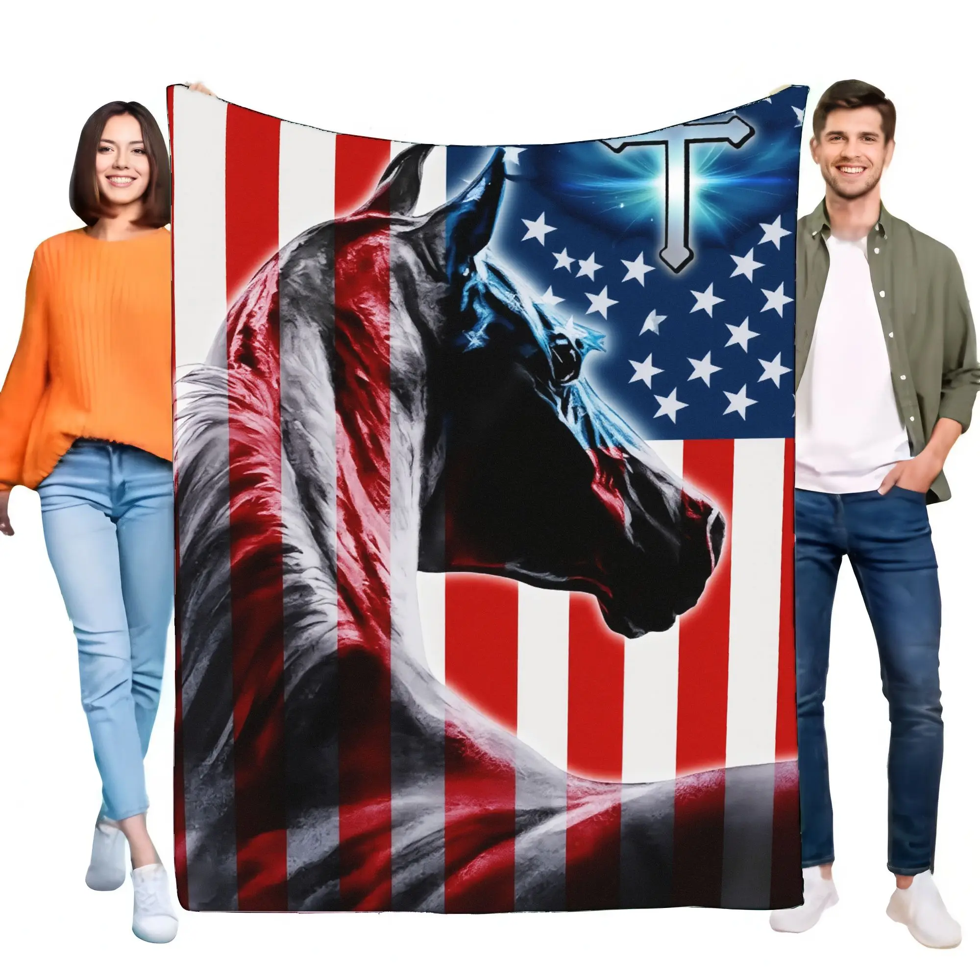 American Flag Horse Throw Blanket Soft Cozy Warm Comfortable for Home Sofa Living Room Bedroom Decor Perfect Gift for Horse Love