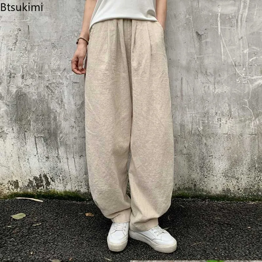 New Women's Loose Cotton Linen Casual Pants Solid Color Elastic Waist Lantern Pants 2026 Spring Summer Female Bloomers Trousers