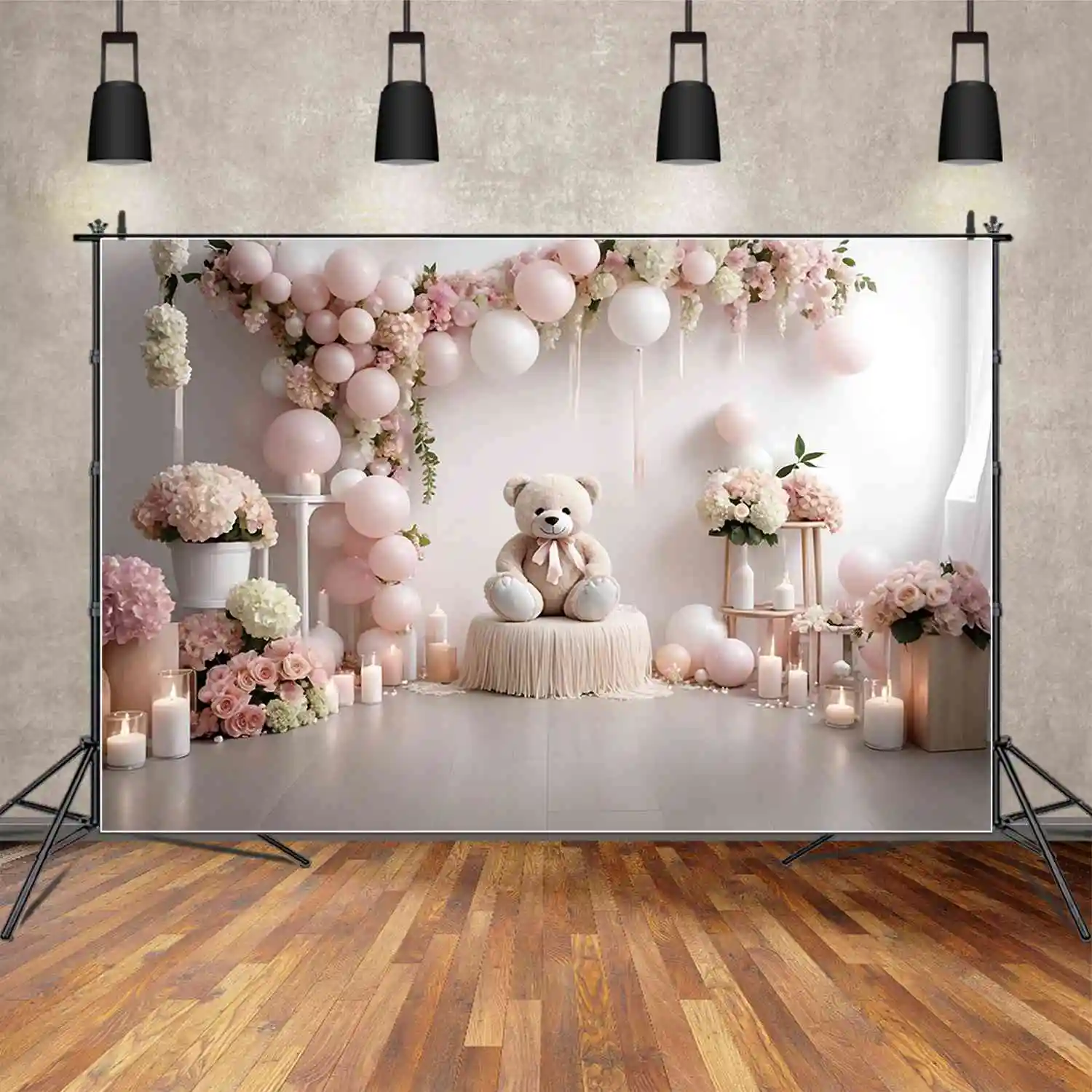 MOON.QG-telón de fondo con diseño de oso de peluche, accesorio de fotografía personalizado para fiesta de cumpleaños, guirnalda con globos florales para niña