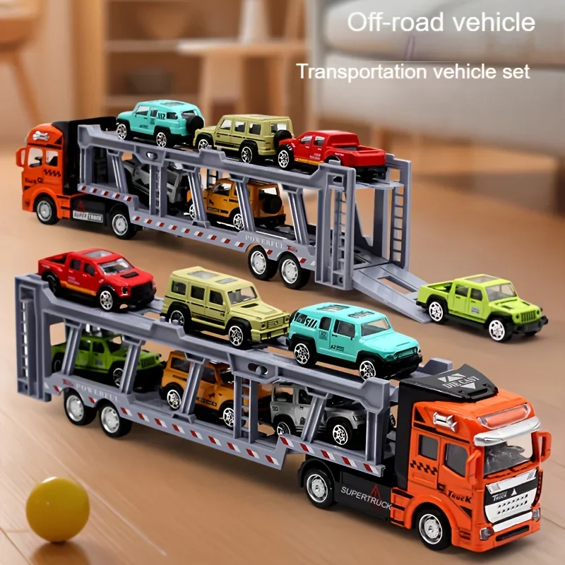 An alloy double-layer transportation vehicle comes with 6 off-road vehicle sets, a large truck model, return force function, sho