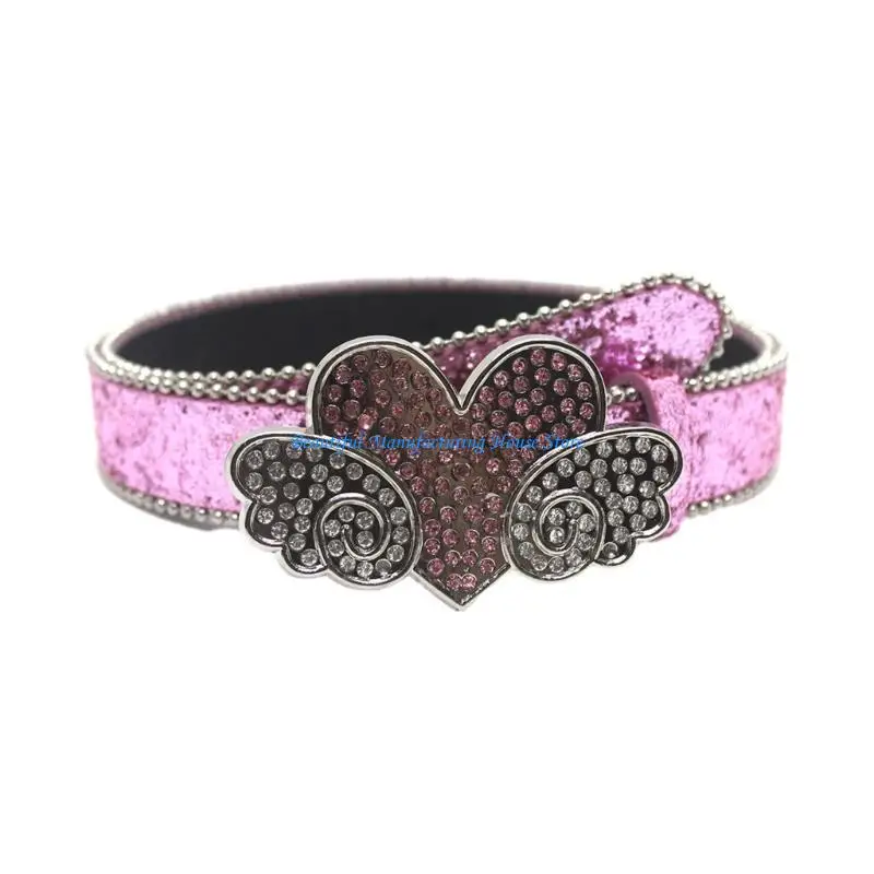 E56A حزام جلدي لامع للنساء حزام خصر بأحجار الراين حزام جينز عتيق حزام انتظار #3