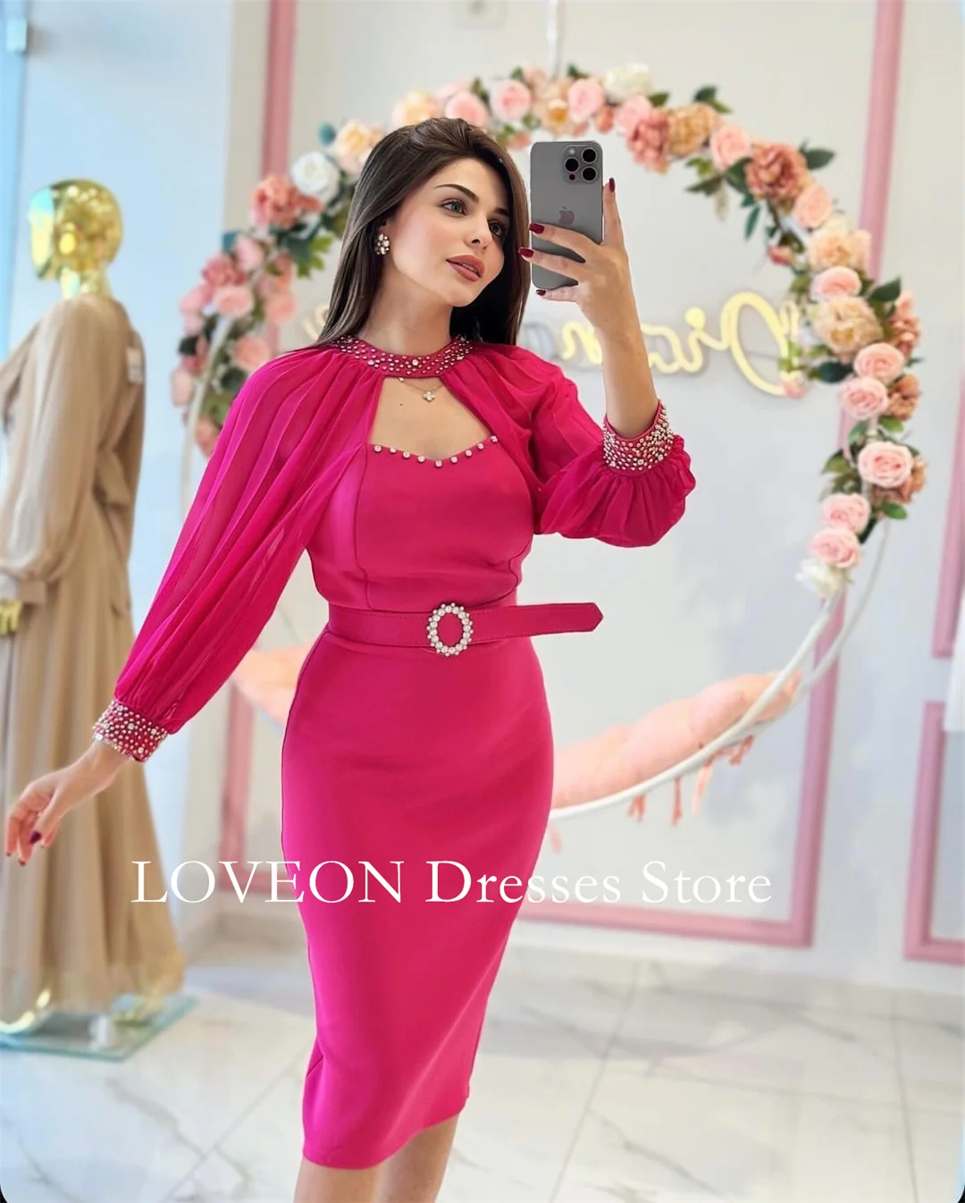 O-Neck Hot Pink Crystals Formal Evening Dresses Pleat Puff Sleeves  فساتين سهرة  Customized Elegant Prom Growns Party Women