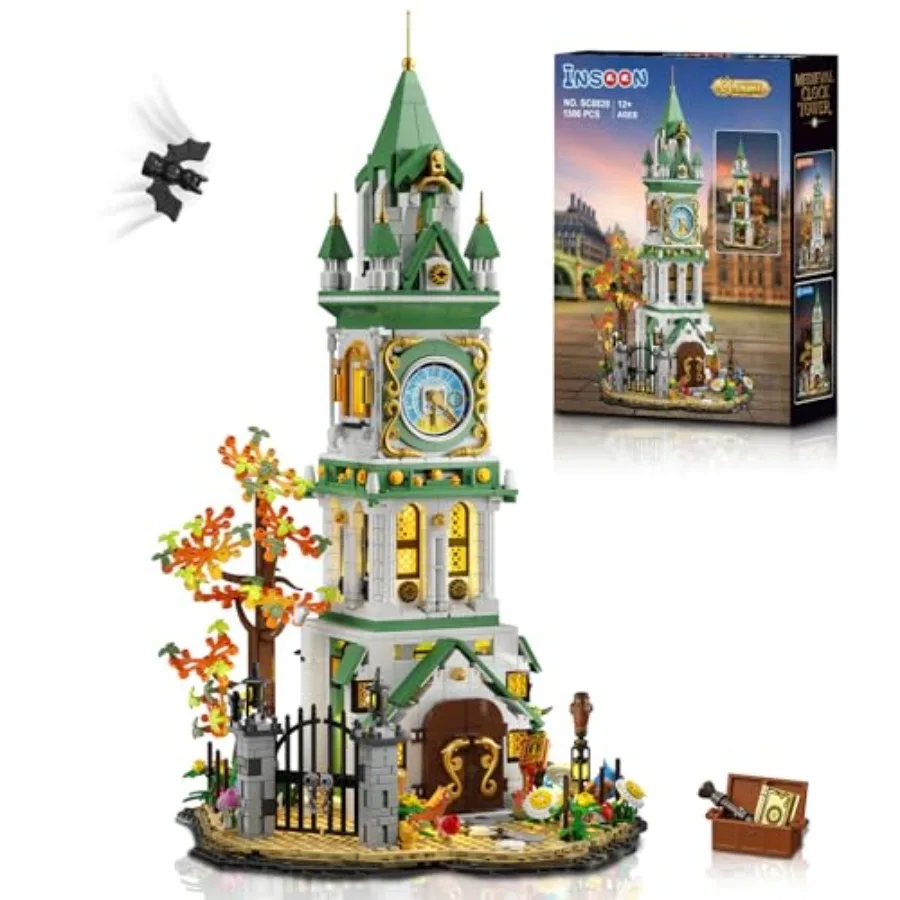 

Magic Clock Tower Building Set with Light, 1566 PCS Big Medieval Castle House Construction Model with Owl & Garden, Home Decor B