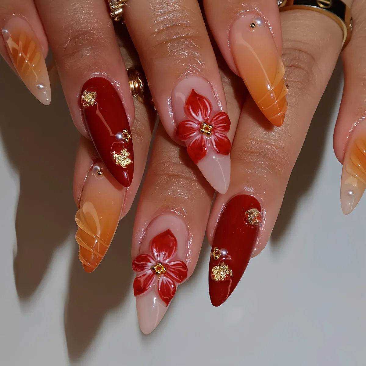 24pcs Gradient Orange False Nails Hand-paint Red Flower Gold Diamond Decor Press On Nail Wearable Almond Fake Nails For Hot Girl