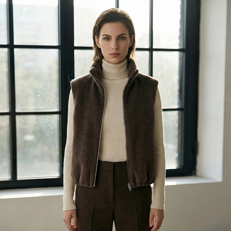 Coffee Collar Zipper Down Vest Women Temperament Wool Autumn Winter