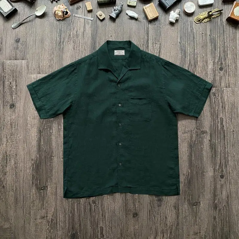 Japanese New Ginger Solid Color Linen Shirt Men's Summer Simple Retro Casual Short-sleeved Collar