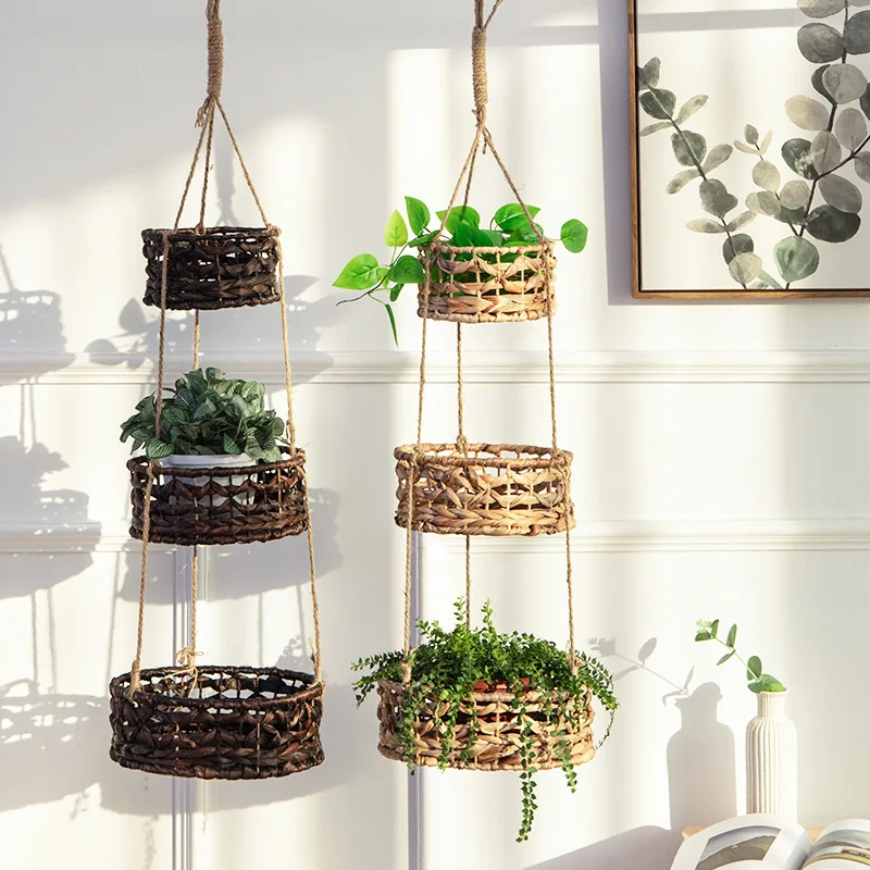 Three-layer woven frame gourd grass hemp rope hanging basket cross wall hanging balcony garden living room flower pot