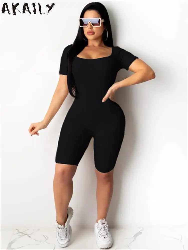 

Akaily Street Solid Bandage Bodycon Rompers Fall Outfit For Women 2023 Black Short Sleeve Backless One Piece Female Playsuit