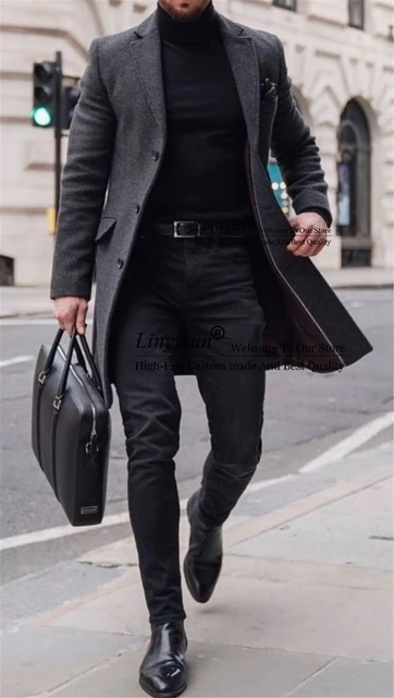 Autumn Winter Gray Suit Jacket Men Groomsman Outfit Long Coat Formal Tweed Thick Wool Blends Trench Overcoat Terno Masculino AliExpress