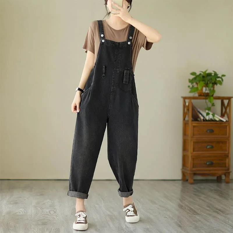 

Denim Jumpsuits for Women Pocket Design Korean Style Loose Straight Pants One Piece Outfit Women Overalls for Women Playsuits