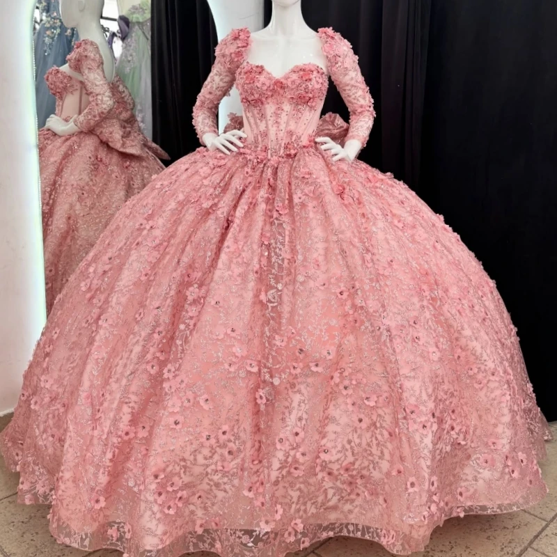

Pink Shiny Quinceanera Dresses Off The Shoulder Sequin Applique Flower Beads Bow Tull Long Sleeves Party Birthday Sweet 16 Dress
