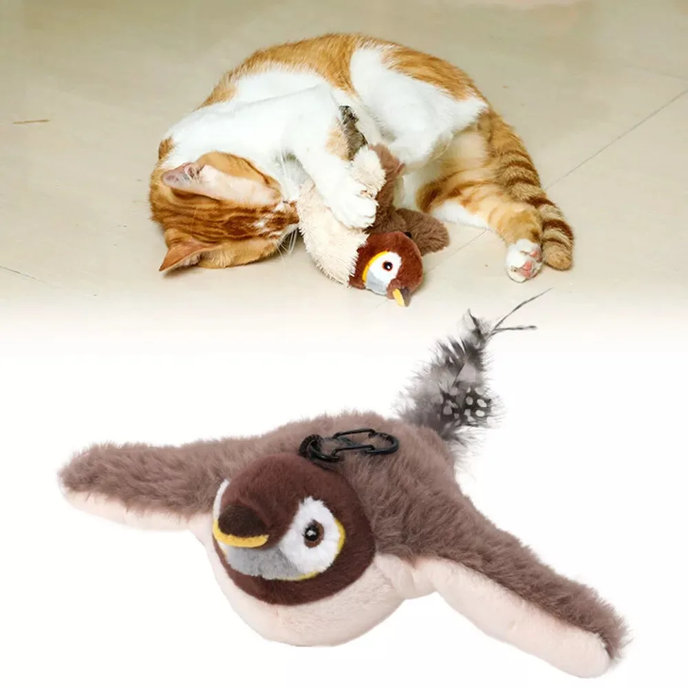 Electronic Flapping Bird Sparrow Cat Toy USB Vivid Chirping Interactive Flying Bird Cat Toys Touch-Activated Hangable