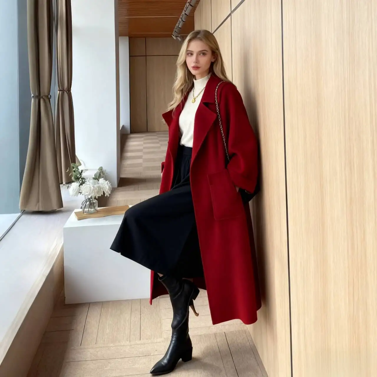 

Шерстяные пальто. Женское шерстяное пальто. Бежевое осеннее пальто с контрастной отделкой и зубчатым воротником. Регулируемая талия. Рукав реглан.