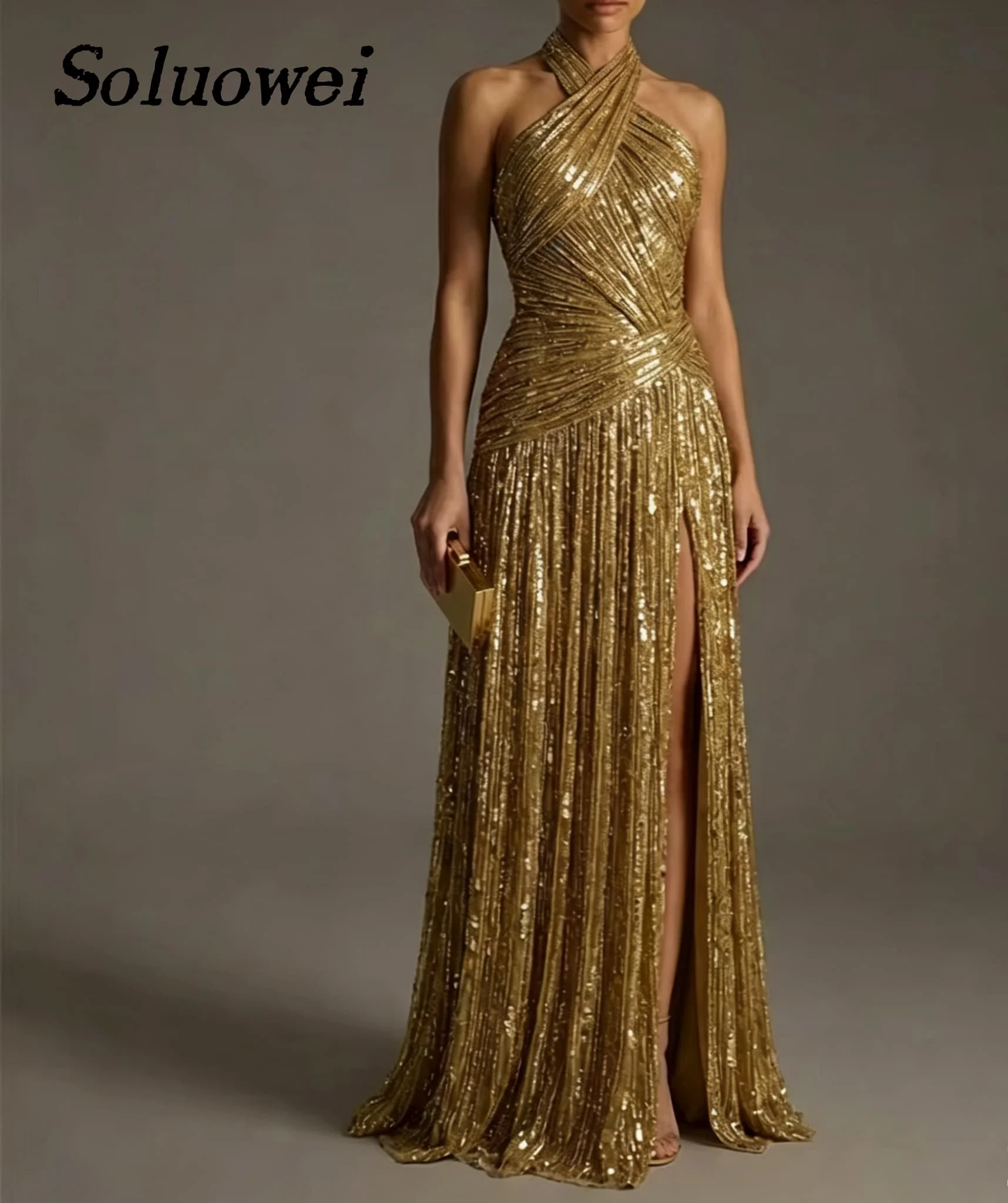 Customized Elegant Halter Neck Sleeveless Prom Dresses Glitter Sequin High Slit Wedding Party Evening Gowns vestidos de noche