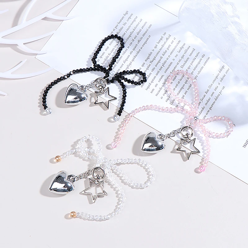 Korean Sweet Beaded Bow Heart Pendant Keychain Bag Charm Detachable Phone Lanyard Y2K Aesthetic Key Holder For Girls Bag