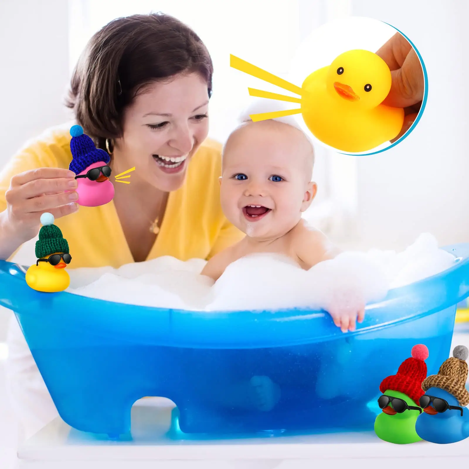 サングラスと帽子をかぶったミニラバーダック、大量のクルーズラバーダック、ギフト、小さな浴槽のおもちゃ、隠れ家パーティーの景品