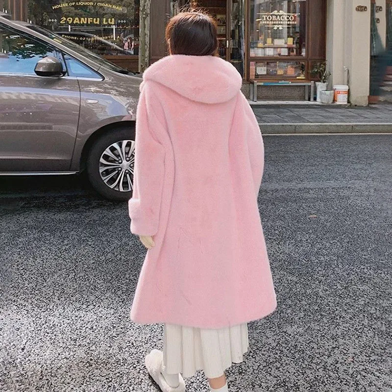 Lamb Fur Jackets Women Overcoat Winter New Plus velvet Thick Warm Parker Jacket Loose Horn Buckle Long Cute Hooded Coat Outwear