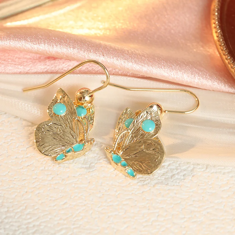 Ladies' Vintage Texture Butterfly Pendant Earrings Blue Synthetic Turquoise Embellishment Rustic Fresh Style Earrings Jewelry view 4