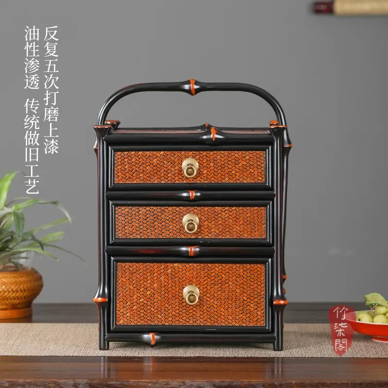 Portable Bamboo Woven Tea Storage Box Three Layer Desktop Organizer Chinese Style Painted Tea Set Cabinet Large Capacity