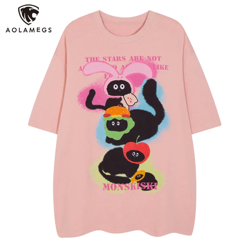 Aolamegs Men T Shirt Bunny Cat Letter Printed Short Sleeved Tee Shirts Japanese Casual Commuting Tops 3 Color Optional Unisex