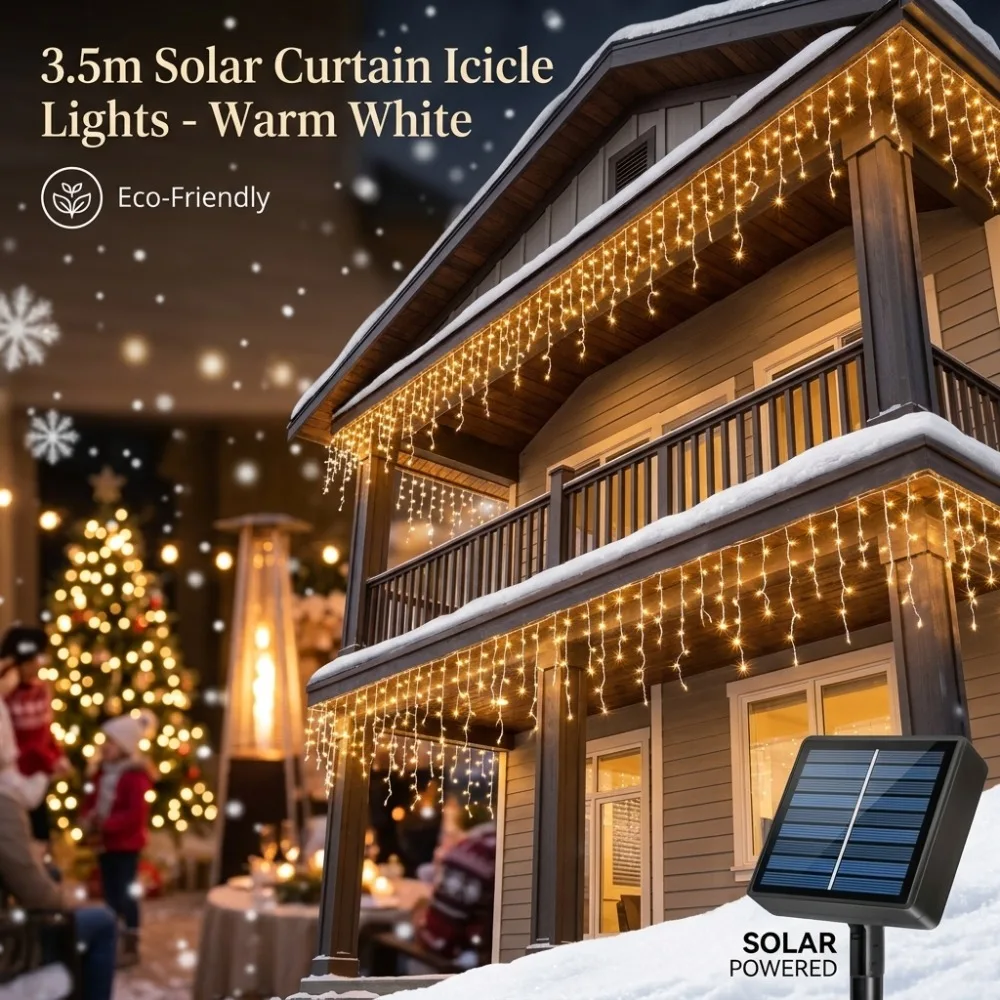 Solar Curtain Icicle Lights Waterproof Outdoor 3.5M for Eaves Garden Christmas Holiday Festive Wedding Stair Balcony Decor
