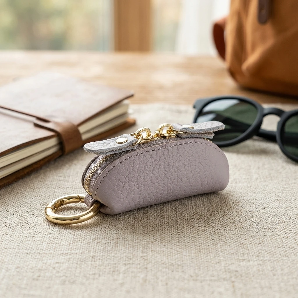 Compact Leather Coin Purse with Secure Zipper and Keychain Simple Mini Coin Purse for Daily Commute and Travel Use