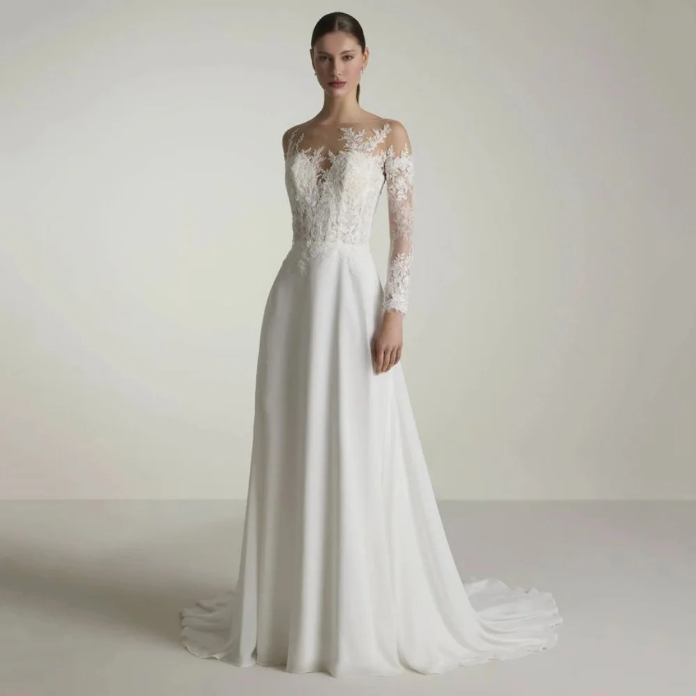 

Elegant Customized Wedding Dresses A Line Long Sleeves Bride Dress Appliques Button Bridal Gowns Vestido De Novia