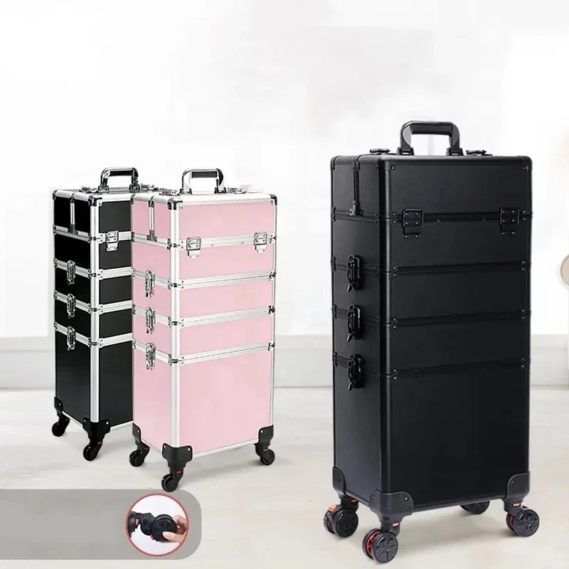 Professional  Large Aluminum Makeup Train Case Nail Polish Organizer Lockable Travel Rolling Makeup Trolley Case