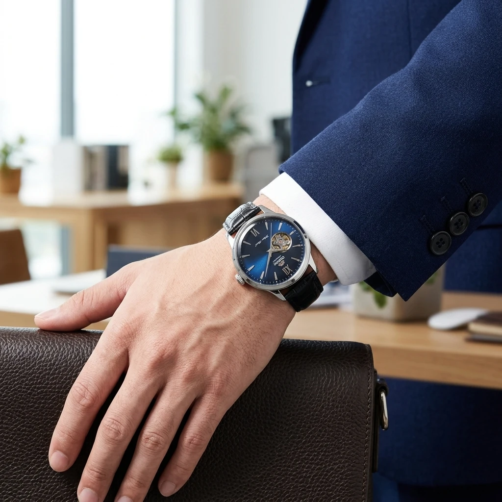 Orient Men Open Heart Skeleton Automatic Watch Green Dial Leather Strap Waterproof Business Formal Mechanical Wristwatch view 5