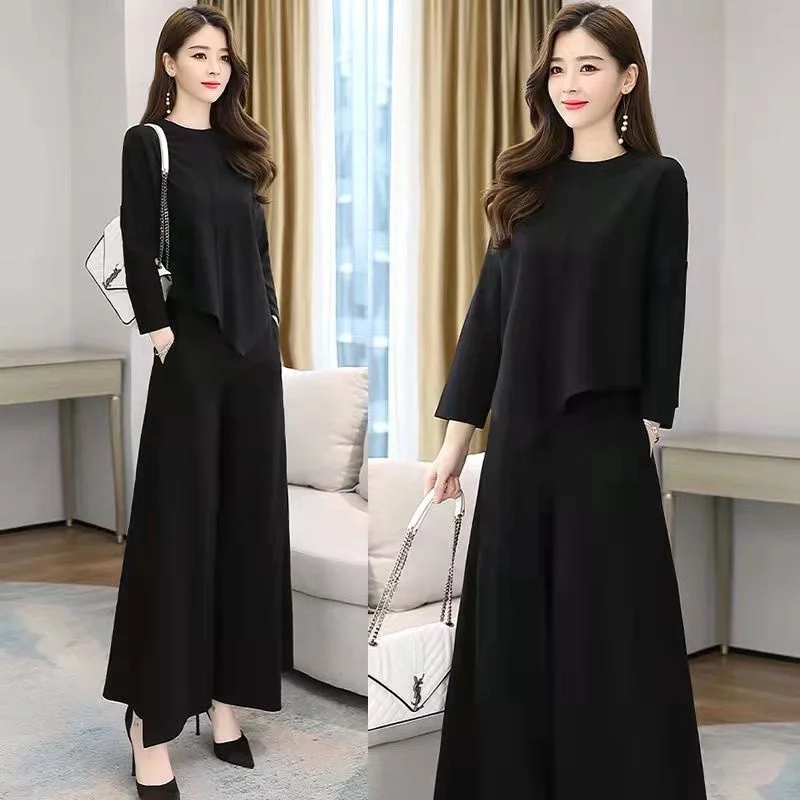 Schwarzer Hosenanzug mit weitem Bein für Damen, 2025, neuer Frühlingsmode, lässig, schlank, westlicher Stil, modischer zweiteiliger Damenanzug, weiblich