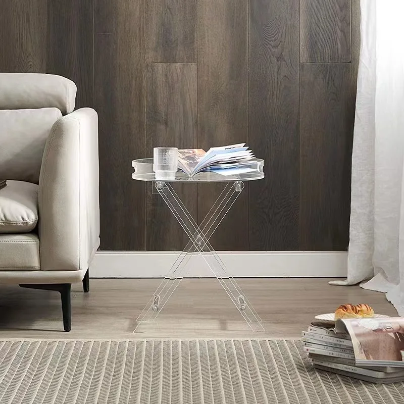 Acrylic Transparent Round Side Table Foldable Minimalist Coffee Table  Portable Balcony Corner Stand Tall Bedside Table