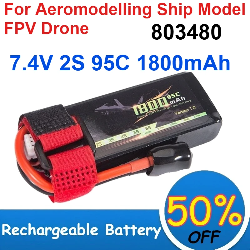 

2 Pcs 803480 7.4V Lipo Battery 95C 2S1P 1800mAh Capacity for Model Aircraft Ship Model FPV Drone Rechargeable Batteries